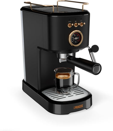 Princess Máquina de Espresso, 1100W, 20 Bares, Calentador de Tazas, Boquilla de Vapor, Depósito 1,2L, Para Café Molido y Cápsulas, Fácil de Limpiar, Apagado Automático
